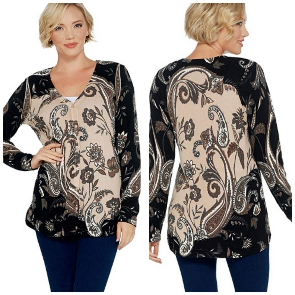 Isaac Mizrahi V-Neck Engineered Pasiley Cardigan
